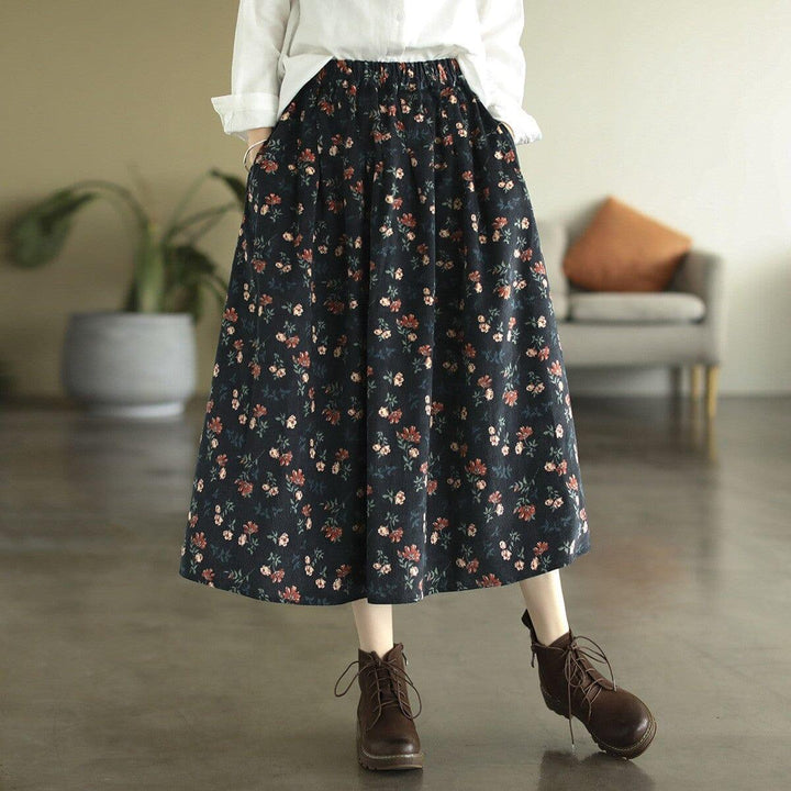 Autumn Retro Corduroy Print Floral Skirt - ZYLIRA