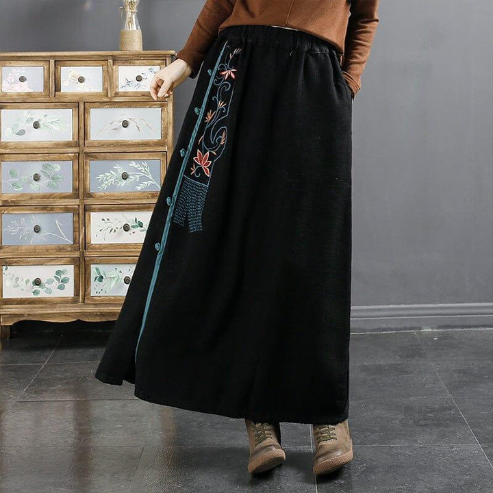 Autumn Retro Embroidery Linen A-Line Skirt - ZYLIRA