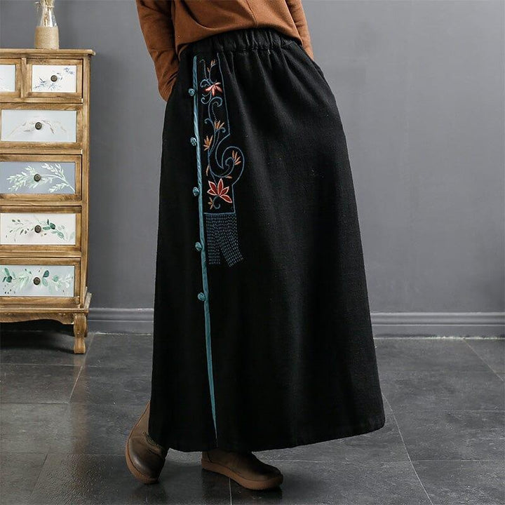 Autumn Retro Embroidery Linen A-Line Skirt - ZYLIRA