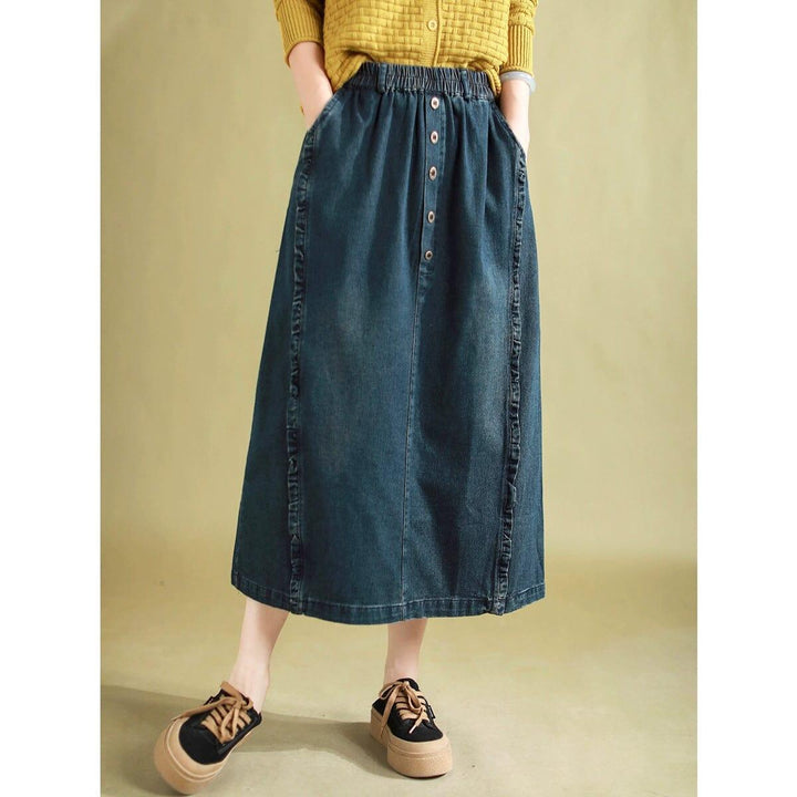 Autumn Retro Patchwork A-Line Cotton Denim Skirt - ZYLIRA