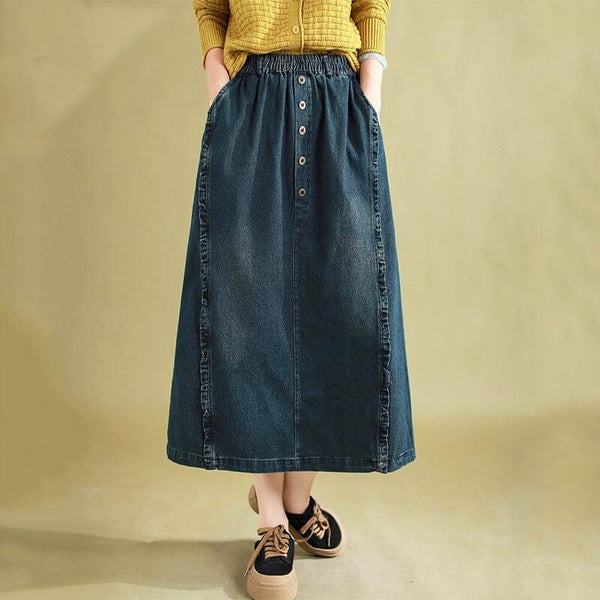 Autumn Retro Patchwork A-Line Cotton Denim Skirt - ZYLIRA