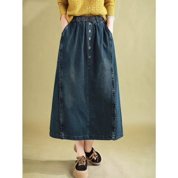 Autumn Retro Patchwork A-Line Cotton Denim Skirt - ZYLIRA