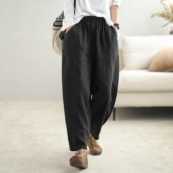 Autumn Retro Solid Loose Linen Harem Pants - ZYLIRA