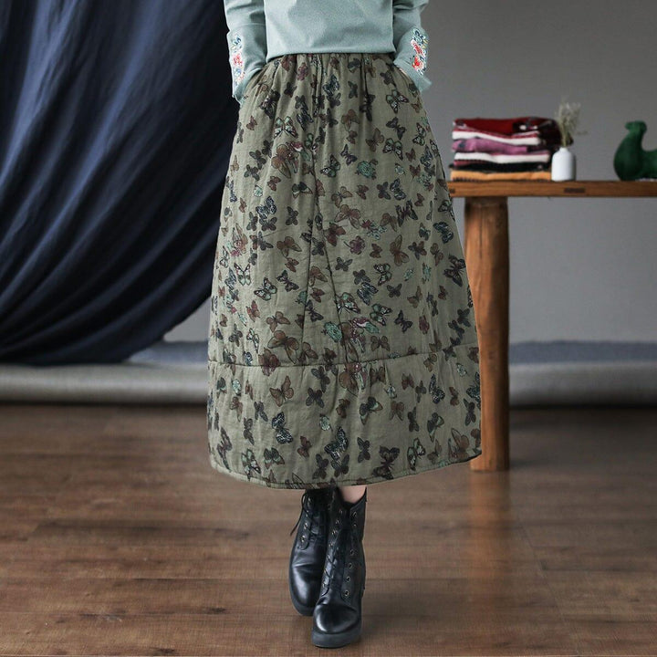 Autumn Winter Quilted Retro Print Cotton Linen Skirt - ZYLIRA