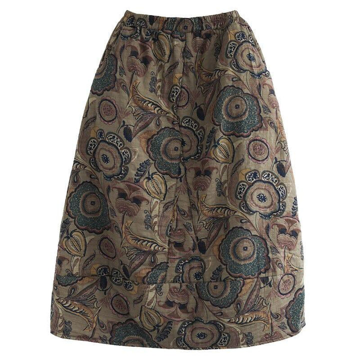 Autumn Winter Quilted Retro Print Cotton Linen Skirt - ZYLIRA