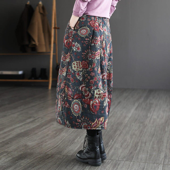 Autumn Winter Quilted Retro Print Cotton Linen Skirt - ZYLIRA