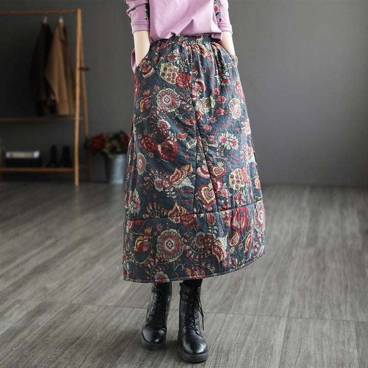 Autumn Winter Quilted Retro Print Cotton Linen Skirt - ZYLIRA