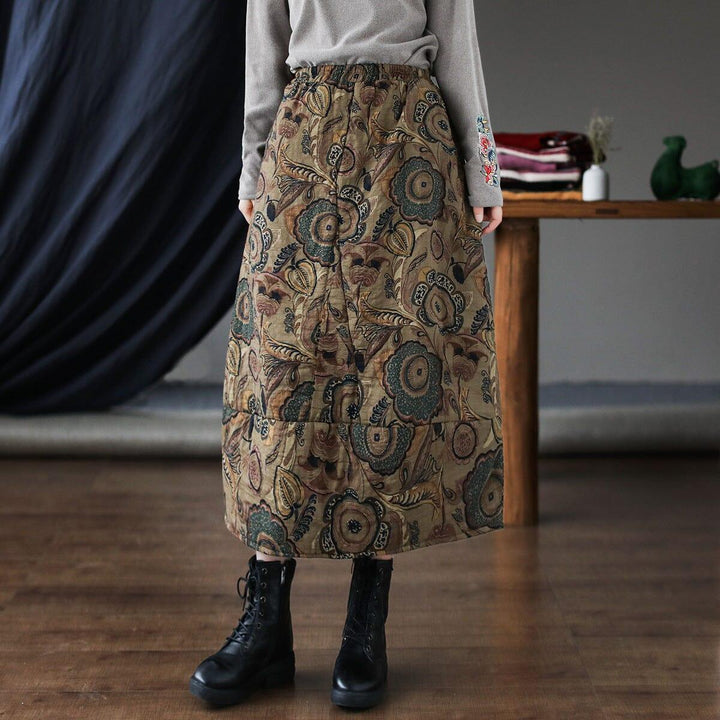 Autumn Winter Quilted Retro Print Cotton Linen Skirt - ZYLIRA