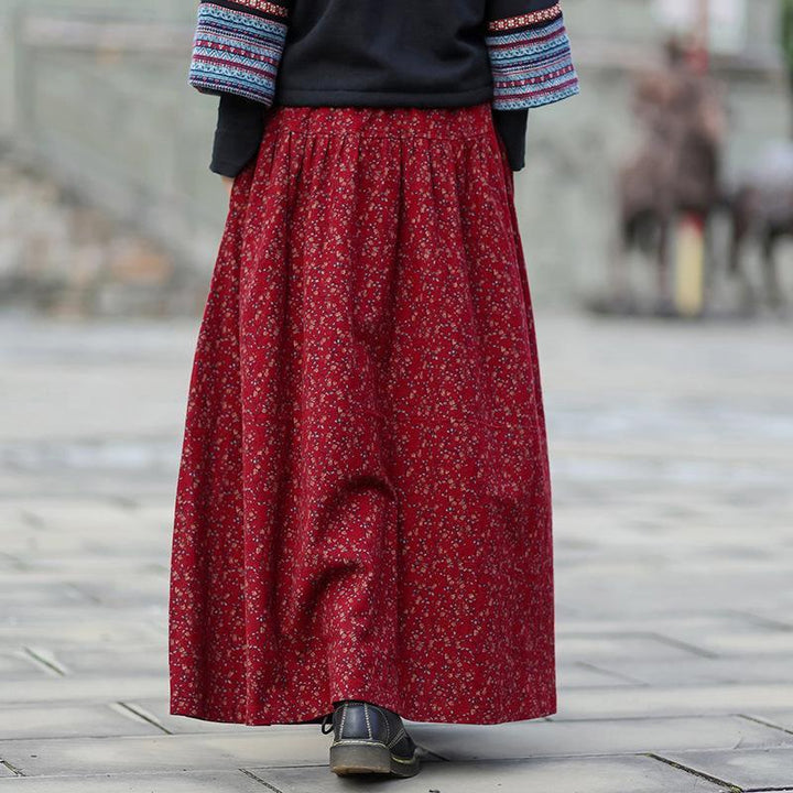 Autumn Winter Retro Cotton Linen Floral A-Line Skirt - ZYLIRA