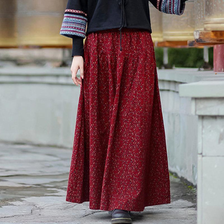 Autumn Winter Retro Cotton Linen Floral A-Line Skirt - ZYLIRA