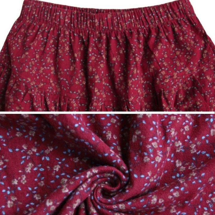 Autumn Winter Retro Cotton Linen Floral A-Line Skirt - ZYLIRA