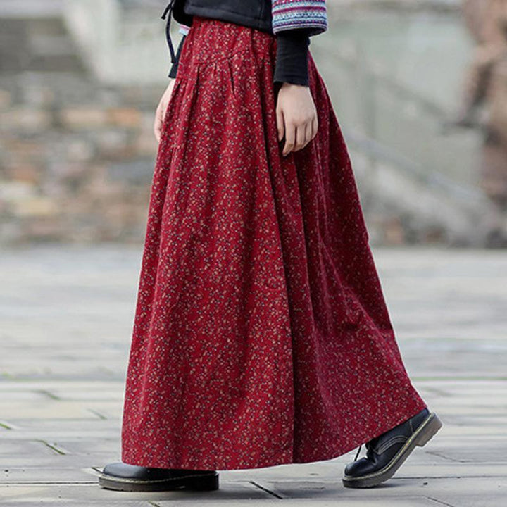 Autumn Winter Retro Cotton Linen Floral A-Line Skirt - ZYLIRA