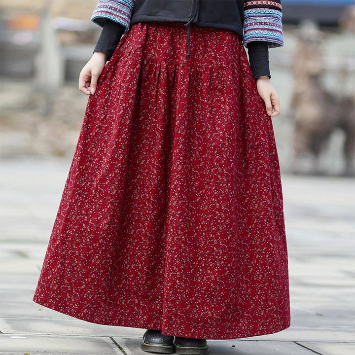 Autumn Winter Retro Cotton Linen Floral A-Line Skirt - ZYLIRA