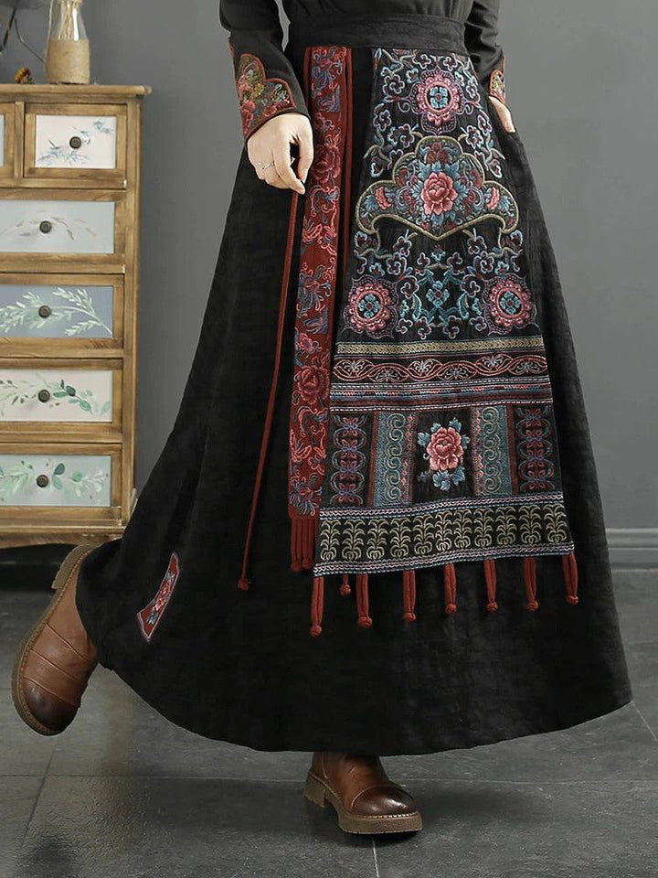 Autumn Winter Retro Embroidery Cotton Linen Skirt - ZYLIRA