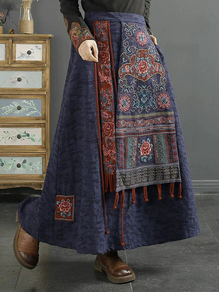 Autumn Winter Retro Embroidery Cotton Linen Skirt - ZYLIRA