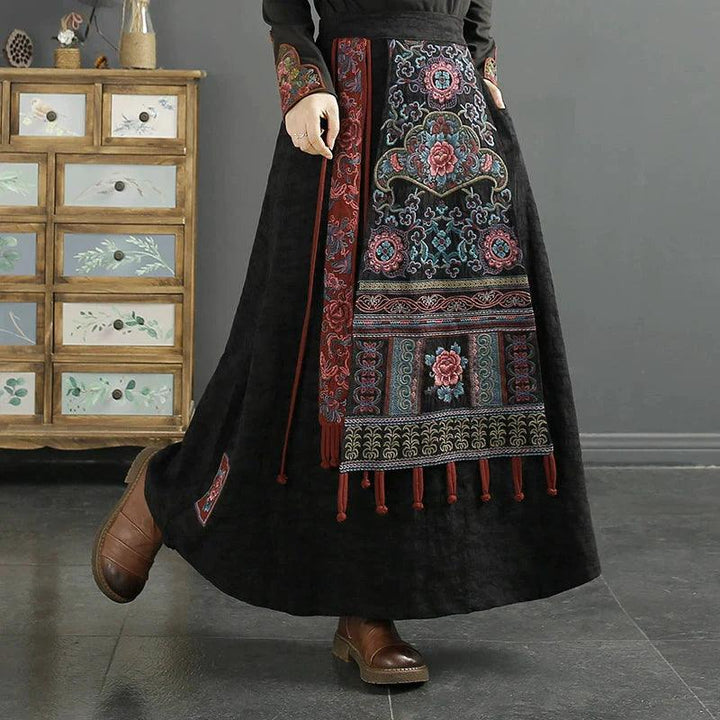 Autumn Winter Retro Embroidery Cotton Linen Skirt - ZYLIRA