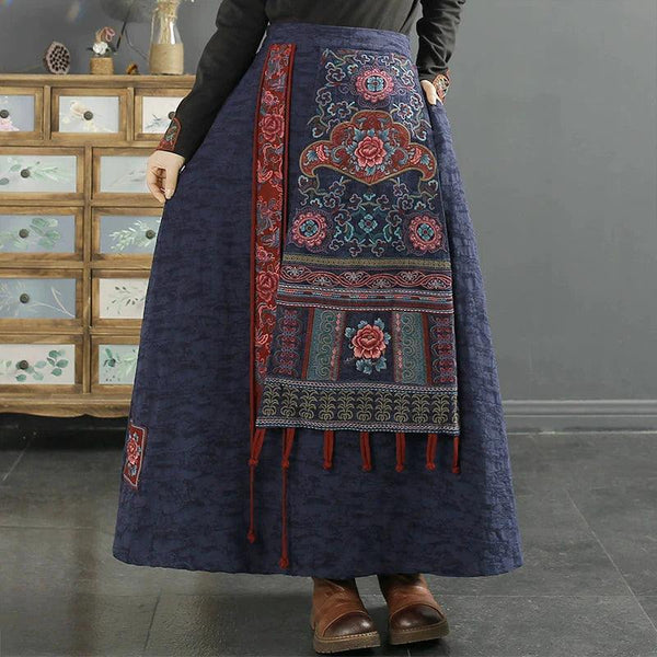 Autumn Winter Retro Embroidery Cotton Linen Skirt - ZYLIRA