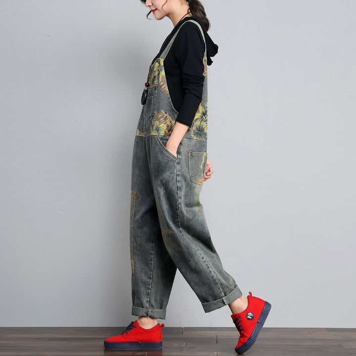 Women Loose Retro Printed Denim Jumpsuits - ZYLIRA