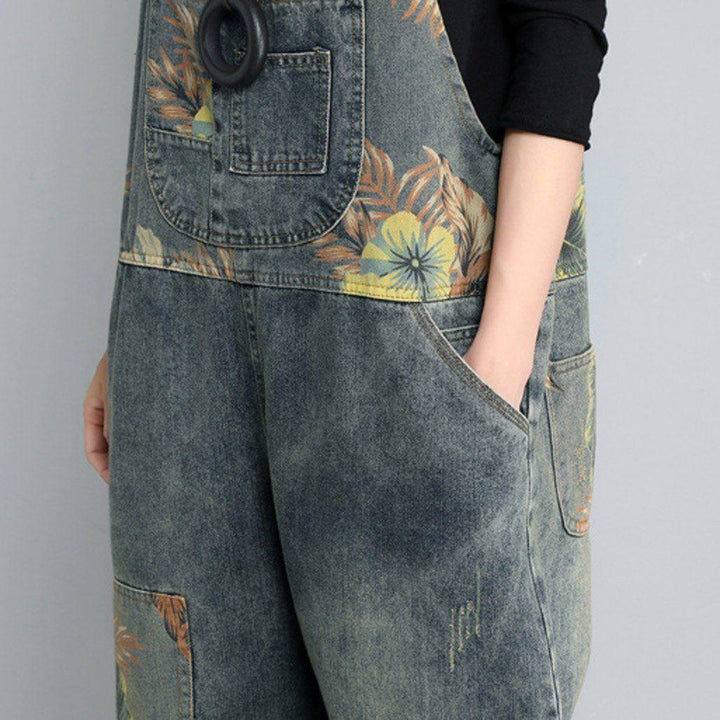 Women Loose Retro Printed Denim Jumpsuits - ZYLIRA