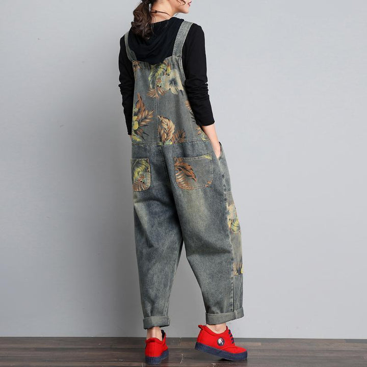 Women Loose Retro Printed Denim Jumpsuits - ZYLIRA