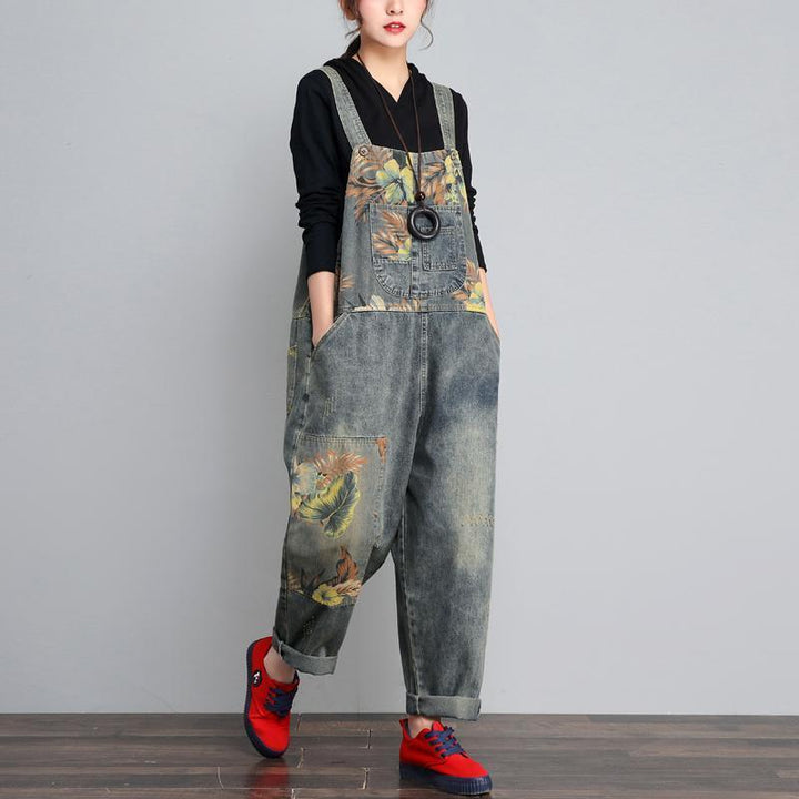 Women Loose Retro Printed Denim Jumpsuits - ZYLIRA