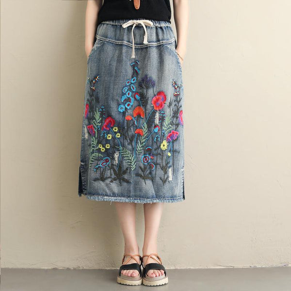 Zylira Women Autumn Winter Vintage Embroidery Denim Skirt - ZYLIRA