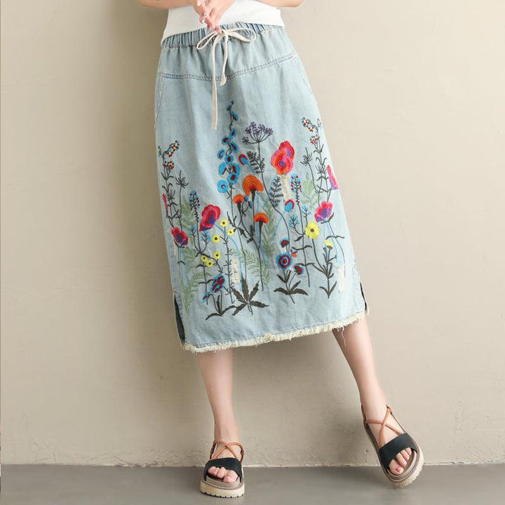 Zylira Women Autumn Winter Vintage Embroidery Denim Skirt - ZYLIRA