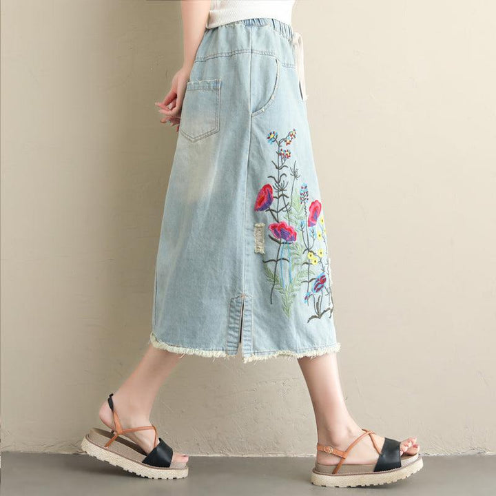 Zylira Women Autumn Winter Vintage Embroidery Denim Skirt - ZYLIRA