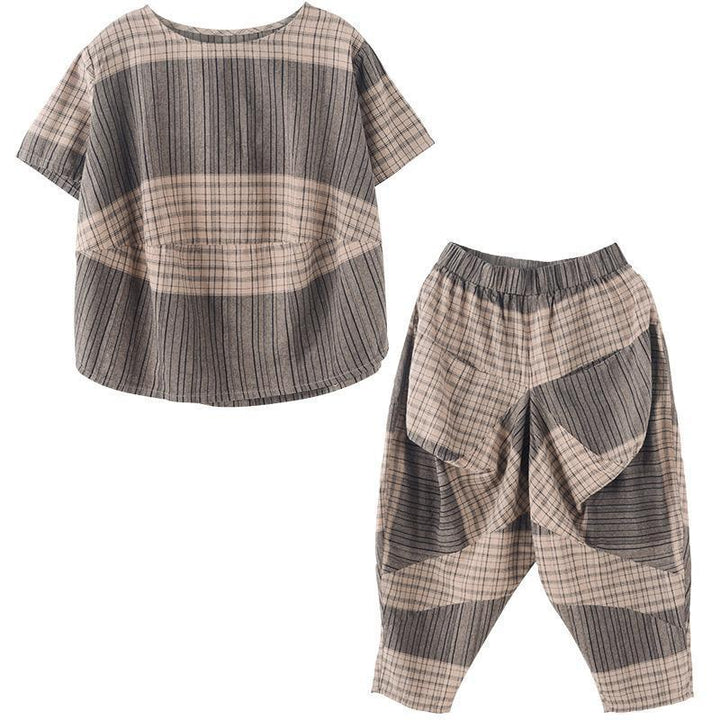 Zylira Plaid Color Block T-Shirt Pants Two Pieces Sets - ZYLIRA