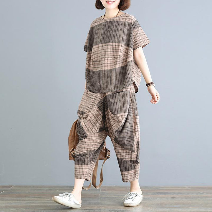 Zylira Plaid Color Block T-Shirt Pants Two Pieces Sets - ZYLIRA