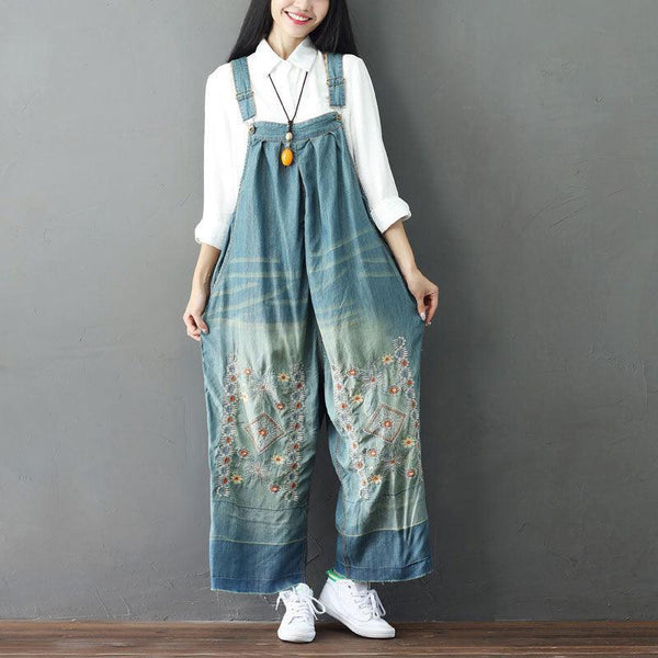 Summer Retro Floral Embroidery Strappy Denim Pants - ZYLIRA