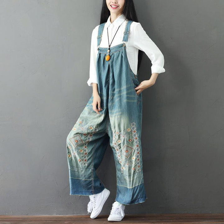 Summer Retro Floral Embroidery Strappy Denim Pants - ZYLIRA