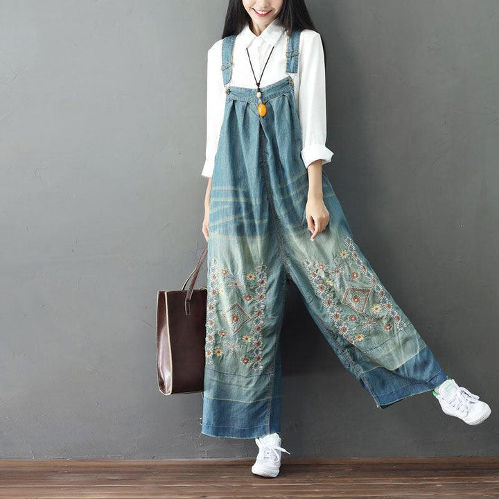 Summer Retro Floral Embroidery Strappy Denim Pants - ZYLIRA