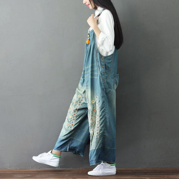 Summer Retro Floral Embroidery Strappy Denim Pants - ZYLIRA