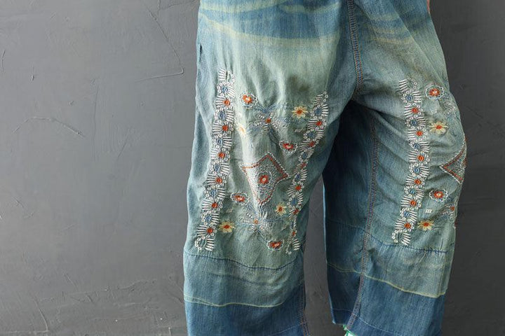 Summer Retro Floral Embroidery Strappy Denim Pants - ZYLIRA