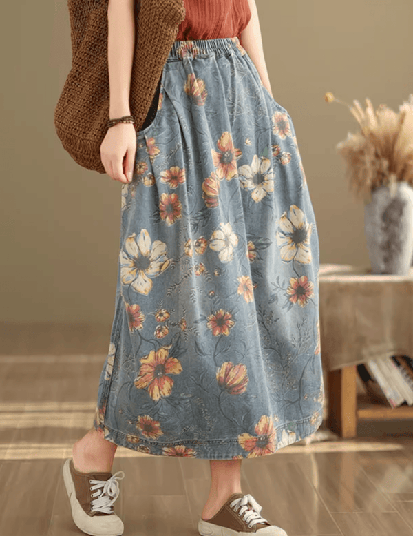 Summer Retro Floral Printed Casual Denim Skirt - ZYLIRA