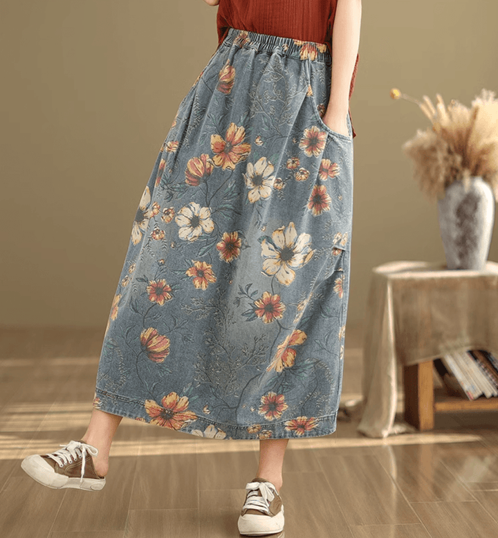 Summer Retro Floral Printed Casual Denim Skirt - ZYLIRA