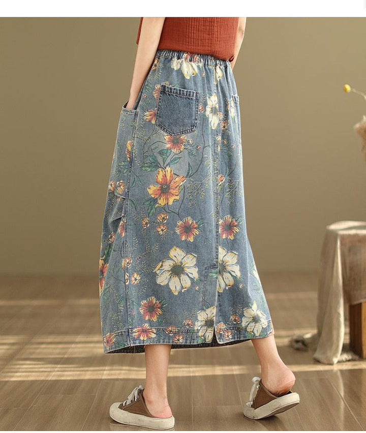 Summer Retro Floral Printed Casual Denim Skirt - ZYLIRA