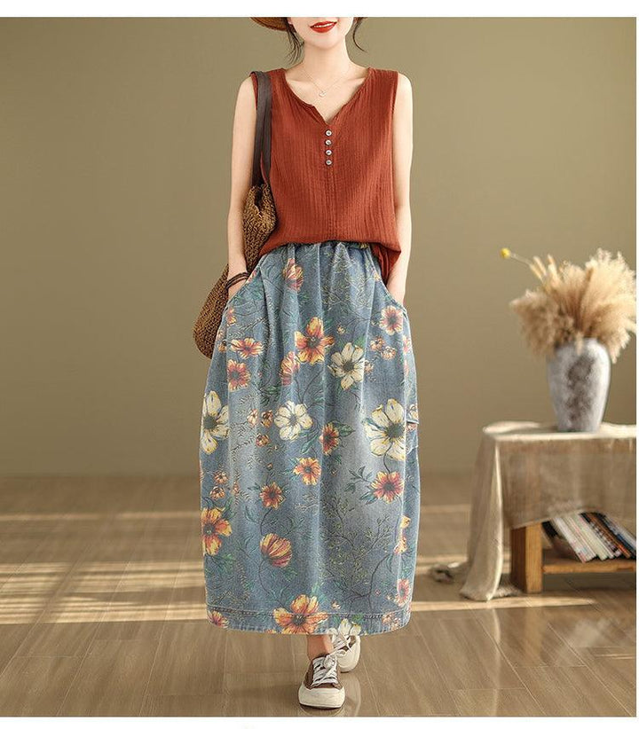 Summer Retro Floral Printed Casual Denim Skirt - ZYLIRA