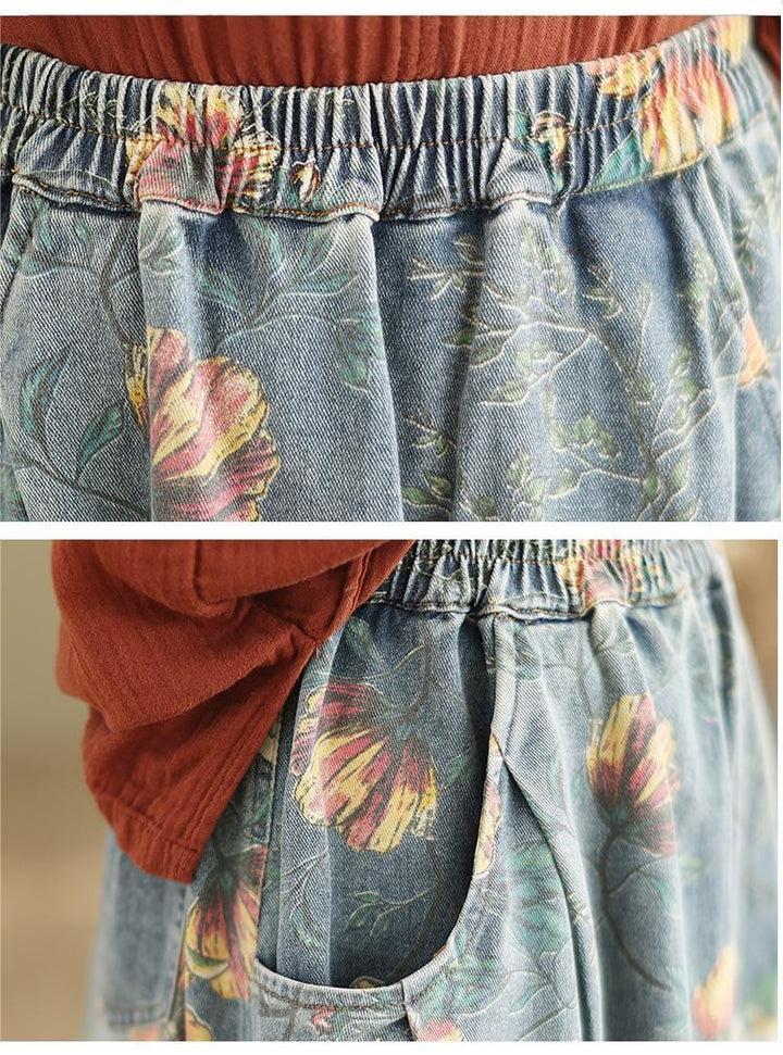 Summer Retro Floral Printed Casual Denim Skirt - ZYLIRA