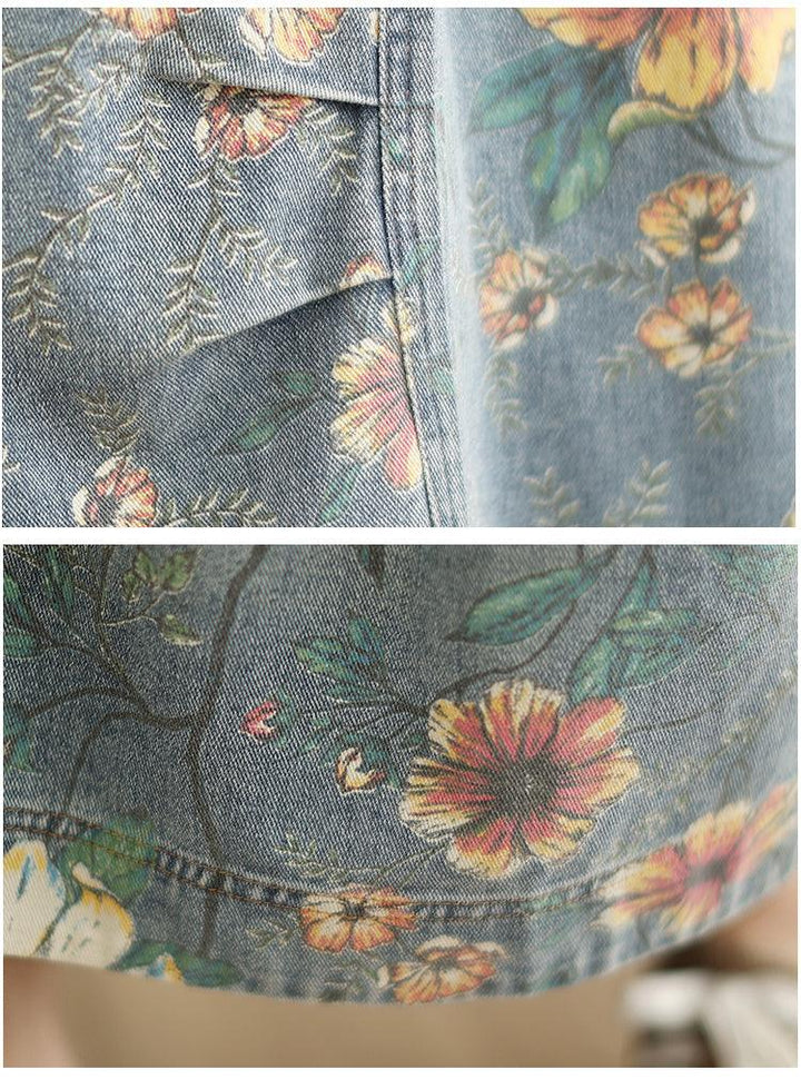 Summer Retro Floral Printed Casual Denim Skirt - ZYLIRA