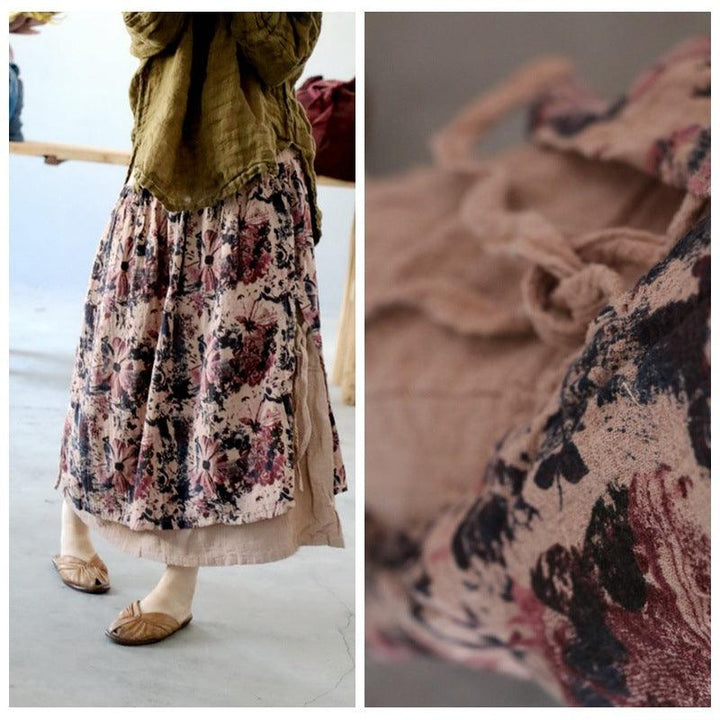 Women Summer Retro Floral Printed Cotton Linen Skirt - ZYLIRA