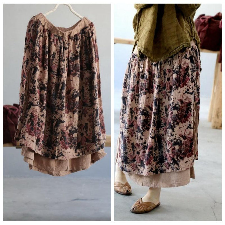 Women Summer Retro Floral Printed Cotton Linen Skirt - ZYLIRA