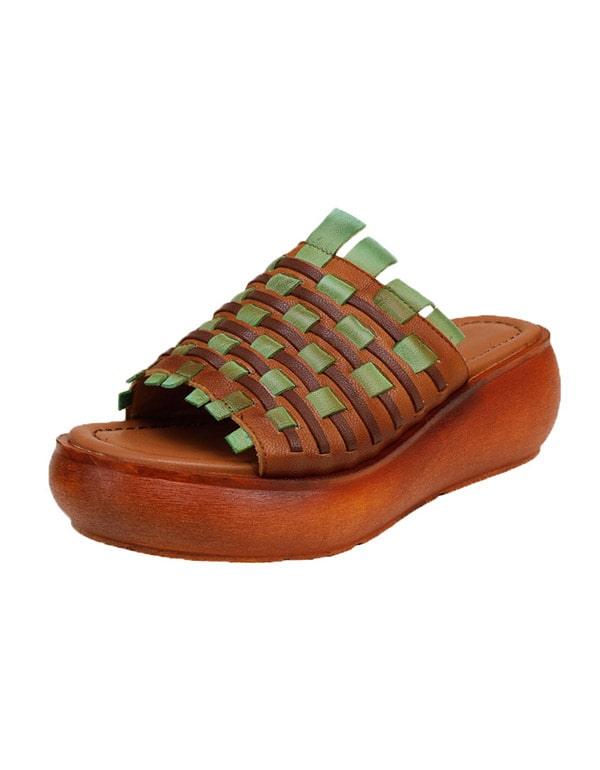 Women's Retro Leather Hand-woven Wedge Slippers - ZYLIRA