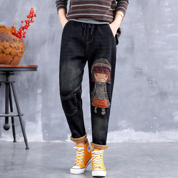 Cartoon Embroidered Plush Warmth Washed Jeans - ZYLIRA