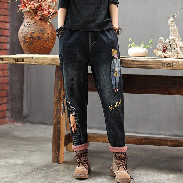 Cartoon Embroidered Plush Warmth Washed Jeans - ZYLIRA