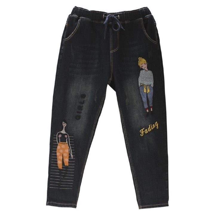 Cartoon Embroidered Plush Warmth Washed Jeans - ZYLIRA