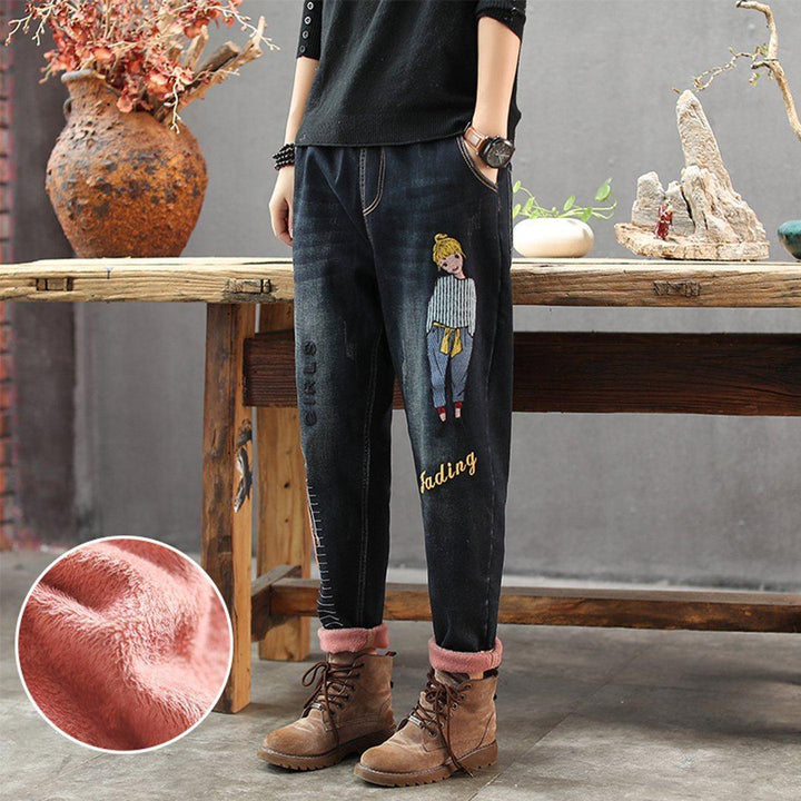 Cartoon Embroidered Plush Warmth Washed Jeans - ZYLIRA