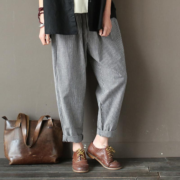 Cotton Linen Casual Loose Striped Pants - ZYLIRA