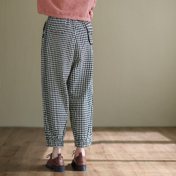 Cotton Linen Casual Plaid Harem Pants - ZYLIRA